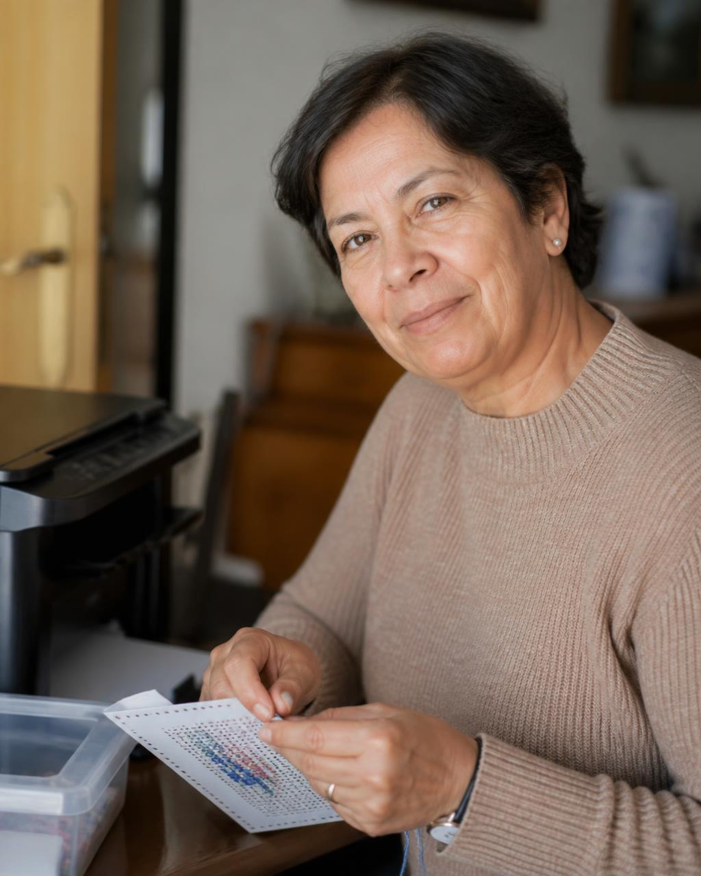 Mulher a bordar em papel junto a uma impressora