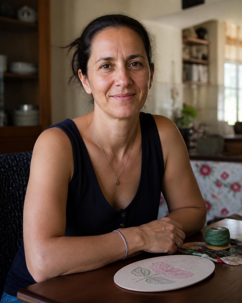 Mulher junto a um projeto de bordado em papel