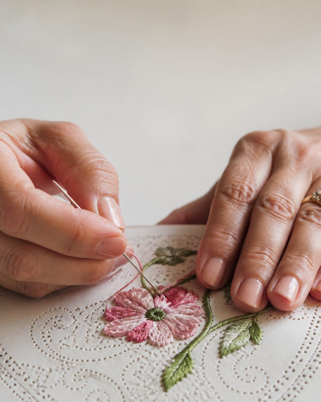 Mãos a bordar uma flor em papel perfurado