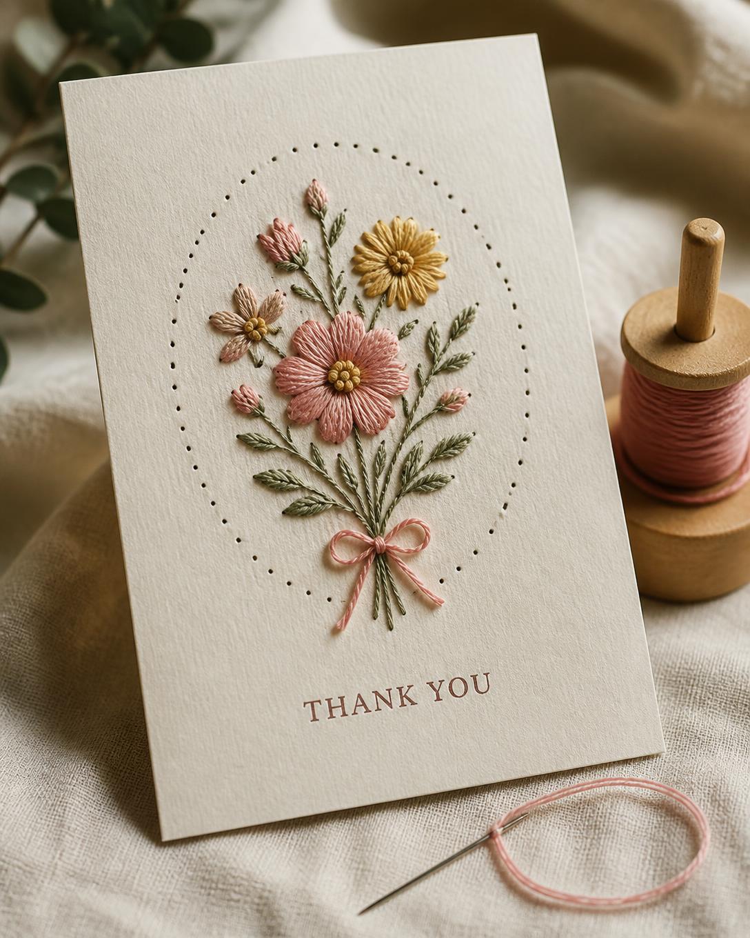 Cartão bordado à mão com um ramo de flores em linha